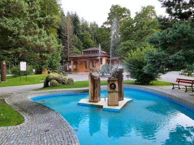 Rymanow - Zdroj Subcarpathian Voyvoda Polonya, 03. 2021. Spa parkındaki maden suyu pompa odasında Tytus, Celestyna, Klaudia