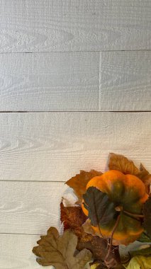 portakal kabağı bir demet tahıl hepsi boyalı ahşap bir masada yatıyor.