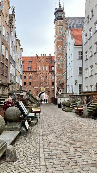 Gdansk Poland January 7, 2022 The Old Town - historic buildings - colorful tenement houses Mariacka Street Mariacka Gate
