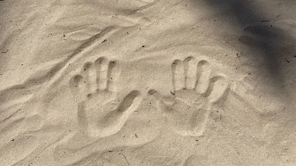 Traces Hands Visible Sand Sunny Day Beach Island Djerba — Stock Photo, Image