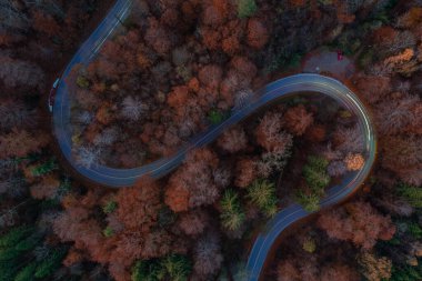 Yukarıdan çekilen kıvrımlı bir yolda hafif raylar, sonbahar sezonunda seyahat eden atmosferik duvar kağıtları..