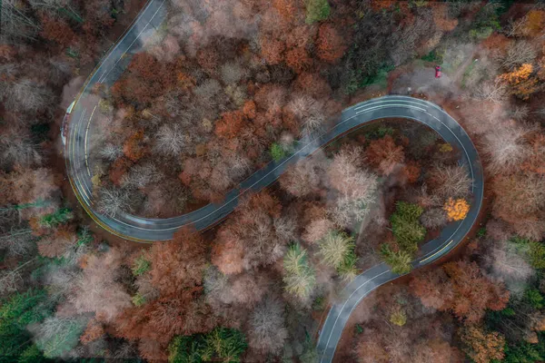 Dia de viagem nebuloso, vista aérea no tráfego noturno em uma estrada rural outonal com trilhas de luz de carros de condução em uma bela atmosfera de queda. — Fotografia de Stock