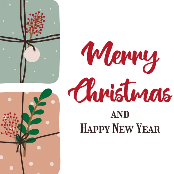 Elle çizilmiş Noel kartı ve hediyeler. İçinde hediye kutuları olan bir Noel kartı. Noel mektupları. Resimler bir kartpostal, broşür ve broşür için uygundur..