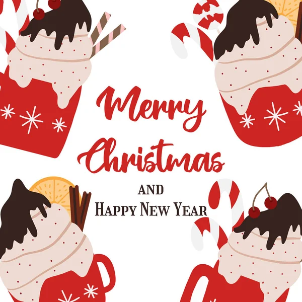 İçinde kremalı sıcak kahve kupaları olan el yapımı bir Noel kartı. Yeni yıl kartı ve sıcak içecekler. Noel mektupları. Resimler kartpostallar, broşürler ve el ilanları için uygundur..