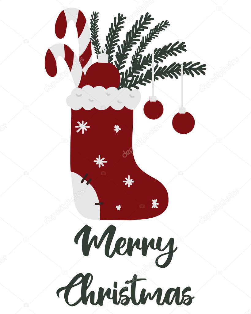 Hand-drawn card with red Christmas sock. Christmas sock with sweets and spruce branch. Christmas lettering.
