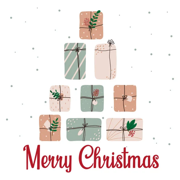 Elle çizilmiş Noel kartı ve hediyeler. İçinde hediye kutuları olan bir Noel kartı. Noel mektupları. Resimler bir kartpostal, broşür ve broşür için uygundur..