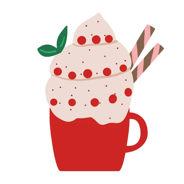 Copo festivo de inverno com uma bebida. Uma caneca com chocolate quente, cacau ou café e creme. Com doces e marshmallows. — Vetor de Stock