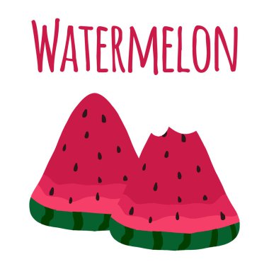  İki dilim sulu karpuz. Tam ve ısırılmış bir karpuz dilimi. Yazıt. Resimler baskı, poster ve kartpostallar için uygun..