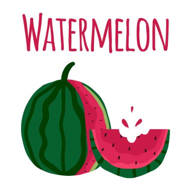  İki dilim sulu karpuz. Tam ve ısırılmış bir karpuz dilimi. Yazıt. Resimler baskı, poster ve kartpostallar için uygun..