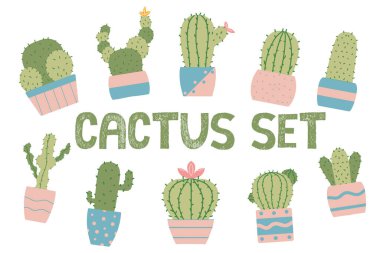 Tencereye elle çizilmiş kaktüsler. Ev bitkileri hazır. Çiçek açan kaktüsler. Set çıkartmalar, baskılar ve kartpostallar için uygundur..