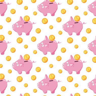 Domuz kumbarası ve bozuk paralarla elle çizilmiş kusursuz desen. Şirin domuz kumbaralı desen.