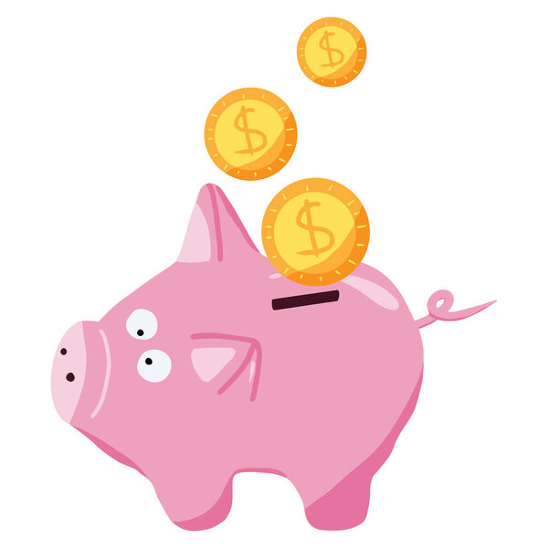 Hand-drawn pink piggy bank with gold coins. Money accumulation concept.