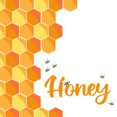  Bal peteği ve arılarla el çizimi poster. Bal mağazası posteri veya kartpostal.