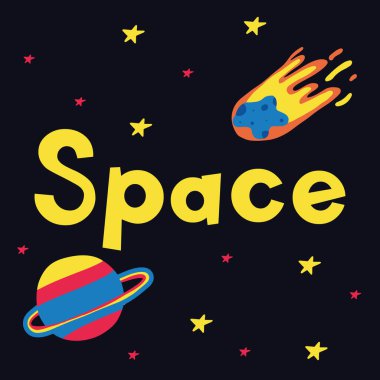 Gezegen ve kuyruklu yıldızlı el çizimi kozmik poster. Uzay konsepti. Resimler kartpostallar, posterler, baskılar için uygundur..