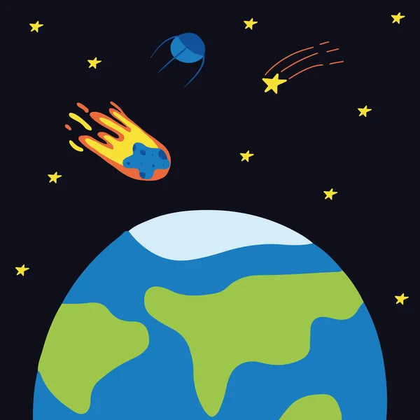 Handritad kosmisk affisch med planet och komet. Rymdkoncept. Illustrationen är lämplig för vykort, affischer, tryck. — Stock vektor