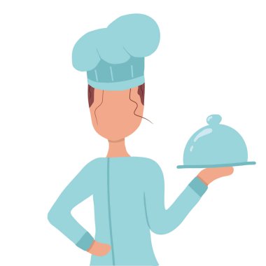 Vektör el çizimi bir kız şefin resmi. Aşçı kız elinde hazır bir tabak tutuyor. İllüstrasyon reklam afişleri için uygundur.