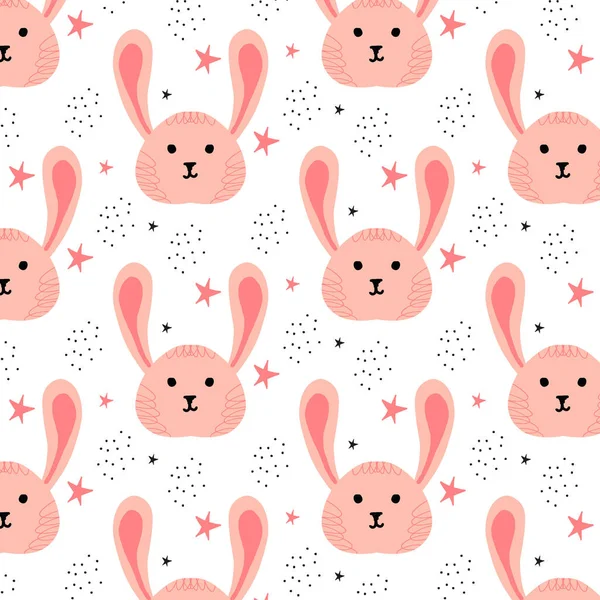 Kinderachtig met de hand getekend naadloos patroon met roze konijntje en sterren. Leuk patroon met hazen. Het patroon is geschikt voor stoffen, prints, ansichtkaarten. — Stockvector