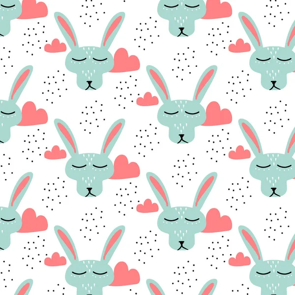 Kinderachtig met de hand getekend naadloos patroon met blauw konijn. Leuk patroon met een haas. Het patroon is geschikt voor het inpakken van gedachten, textiel, prints. — Stockvector