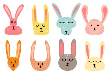 Elle çizilmiş tavşan kafalı çocuklar. Sevimli tavşanlar.