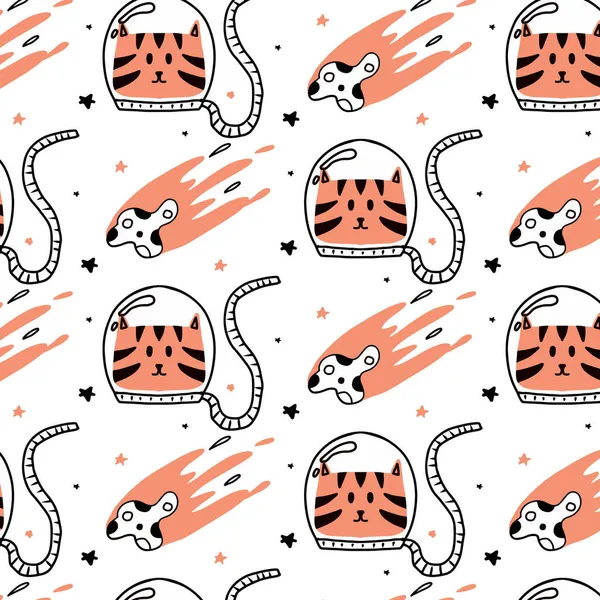  Childish hand-drawn seamless pattern with cat astronaut and comet. Childrens space pattern.