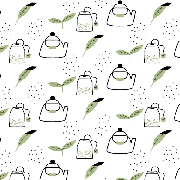 Patrón sin costura dibujado a mano con hojas de té y tetera Adecuado para impresiones, carteles, papel. — Vector de stock