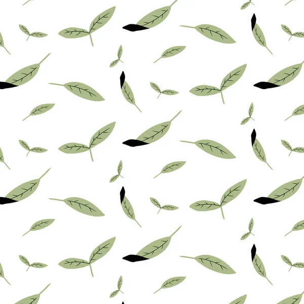 Patrón sin costura dibujado a mano con hojas de té verde. Fondo con té. — Vector de stock