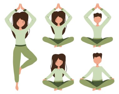 Yoga pozları. Yoga yapan zayıf atletik kadın ve erkek takımı. Sağlıklı yaşam tarzı.