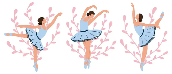 Conjunto vetorial de bailarina elegante em um vestido de tutu azul dançando na ponta. Feminino bela personagem dançarina de teatro clássico em fundo isolado. Ballet dançarina ilustração — Vetor de Stock