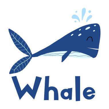 Mavi balinalı çocuk posteri. Güzel balinalı el çizimi poster. İzler, kartlar, posterler, etiketler için uygun.