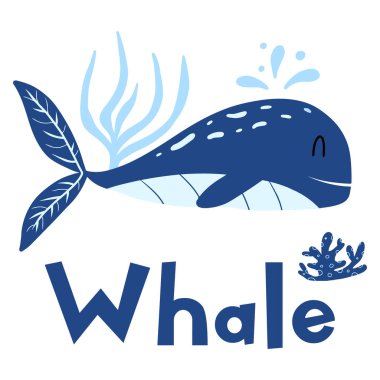 Mavi balinalı çocuk posteri. Şirin balina ve yosunlu el çizimi poster. İzler, kartlar, posterler, etiketler için uygun.