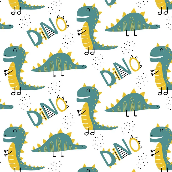 Yeşil dinozor ve gökkuşağı ile çocuksu, pürüzsüz bir desen. Dinozor deseni yeşil-sarı renklerde. Kumaşlar, ambalaj kağıtları, baskılar için uygun..