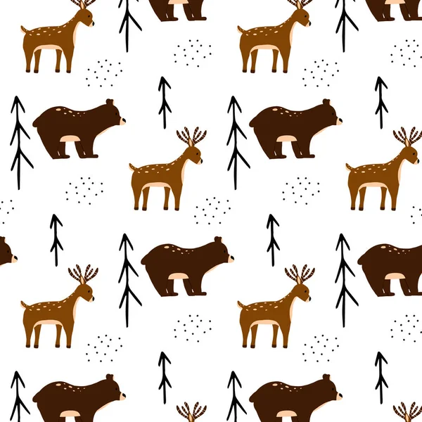 Childish seamless pattern with deer and bear. Hand-drawn pattern with forest animals. — Stock Vector