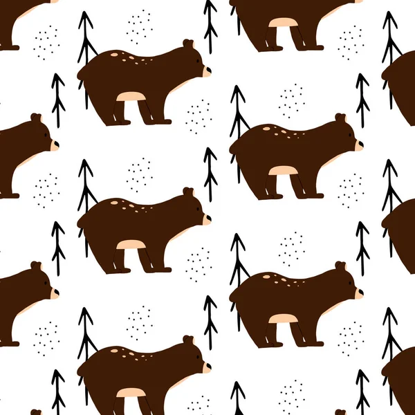 Patrón sin costuras para niños con oso marrón. Patrón con lindo oso dibujado a mano y árboles. — Vector de stock