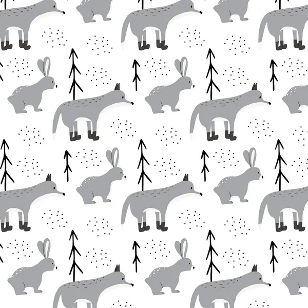 Dětský bezproblémový vzor s šedým vlkem a zajícem. Ručně kreslený lesní vzor se zajícem, vlkem a stromy. — Stockový vektor