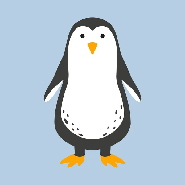 Kindliche Illustration eines Pinguins isoliert auf blauem Hintergrund. Handgezeichneter Pinguin im Cartoon-Stil. — Stockvektor