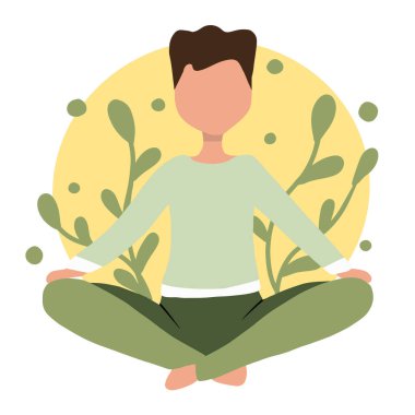 Lotus pozisyonunda oturan bir adamın vektör çizimi. Adam yoga yapıyor..