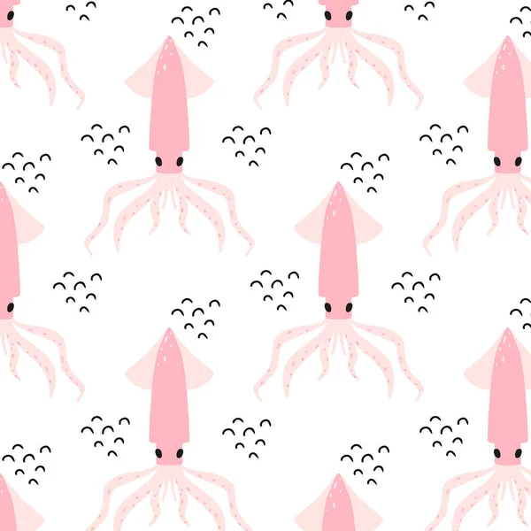 Pembe mürekkep balığıyla çocuksu, pürüzsüz bir şekil. Mürekkep balığıyla el çizimi desen.
