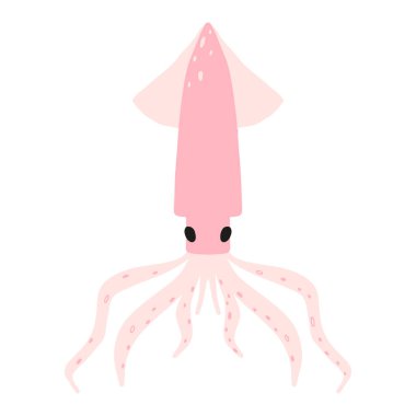 Beyaz arka planda izole edilmiş pembe mürekkep balığının çocuk resimleri. Çizgi film tarzında elle çizilmiş mürekkep balığı..