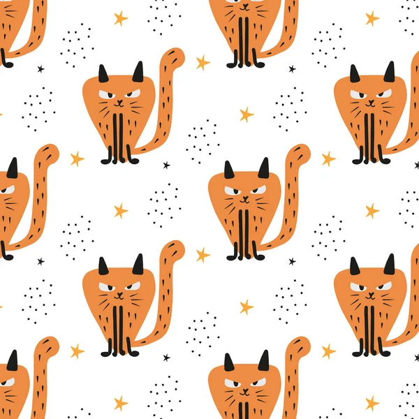 Kinderen naadloos patroon met katten. Handgetekend patroon met een boze kat. Het patroon is geschikt voor prints en textiel. — Stockvector