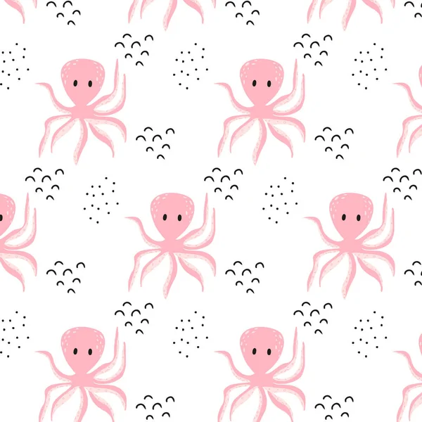  Ahtapot desenli çocuksu bir şekil. Elle çizilmiş pembe ahtapot deseni. Desen baskı ve tekstil için uygundur.