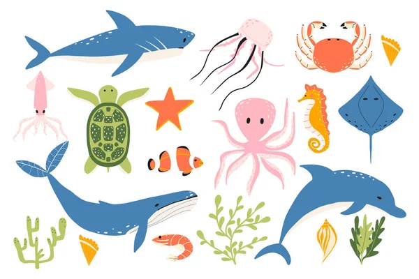 ภาพเวกเตอร์ของสัตว์ทะเลน่ารัก เวกเตอร์เซตของสัตว์ทะเล ปลาโลมา, ฉลาม, ปลาวาฬ, เต่า, ปลาหมึก, ปู, แมงกะพรุน . — ภาพเวกเตอร์สต็อก
