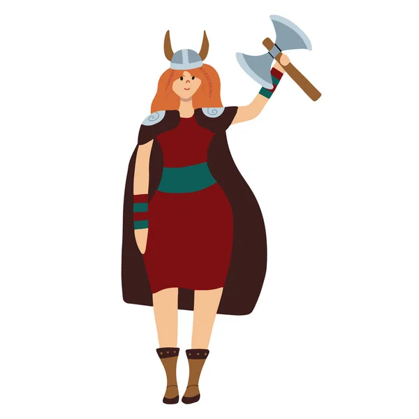 Vector illustration of viking woman. Viking with an ax in his hand. Isolated on white background. — Stock Vector
