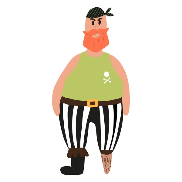 Векторная иллюстрация симпатичного мужского пирата с рыжей бородой. Пират с костылем вместо ноги. — стоковый вектор