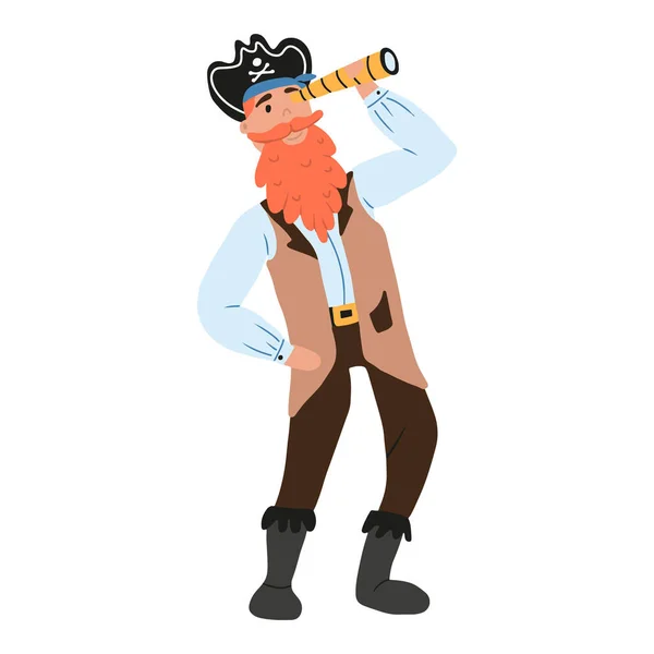 Векторная иллюстрация симпатичного мужского пирата с рыжей бородой. Пиратский капитан. Пират смотрит в зеркало. — стоковый вектор