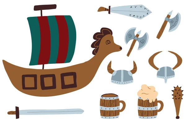 Viking aksesuar seti. Viking nesnelerinin vektör çizimi. Baltalar, kılıçlar, gemi.