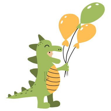  Dinozor kostümlü çocuğun vektör çizimi. Elinde topları olan yeşil dino kostümlü bir çocuk..