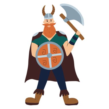 Viking Adam 'ın vektör illüstrasyonu. Elinde baltası ve kalkanı olan bir Viking. Beyaz arkaplanda izole.