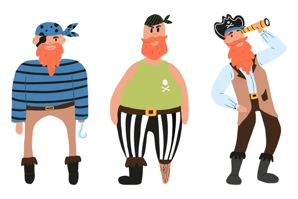 Векторный набор милых пиратов. Набор из трех пиратов. Пират в шляпе и телескоп с крюком. — стоковый вектор