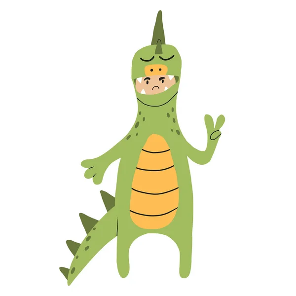 Ilustración vectorial del niño disfrazado de dinosaurio. Niño en traje de dino verde . — Archivo Imágenes Vectoriales