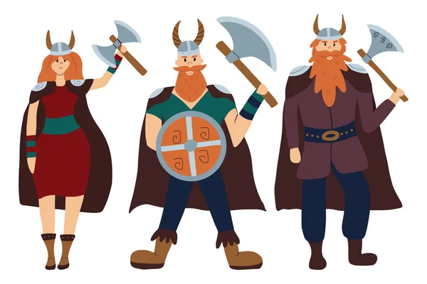 Ensemble vectoriel de vikings avec haches. Ensemble de personnages vikings pour enfants. — Image vectorielle